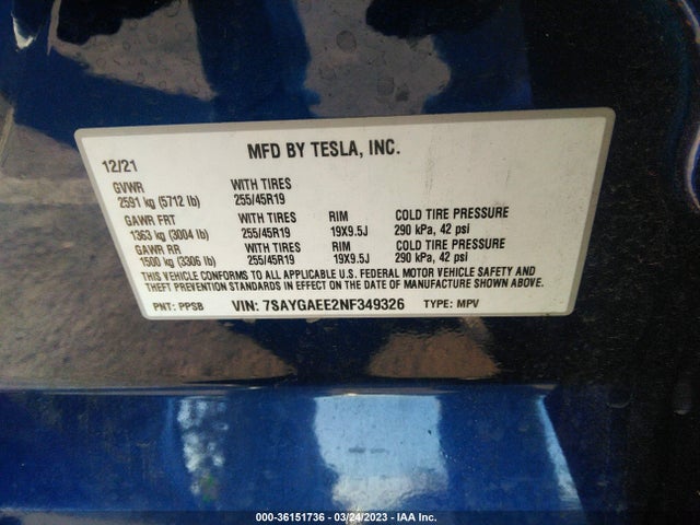 Tesla Model Y Long Range 2022 7SAYGAEE2NF349326 Image 9