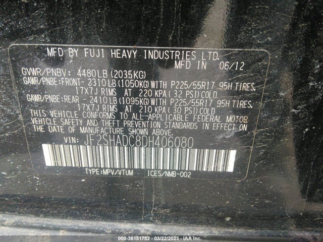 2013 SUBARU FORESTER 2.5X PREMIUM VIN: JF2SHADC8DH406080