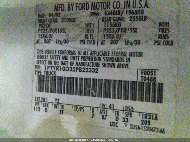 2002 FORD RANGER XL/XL FLEET/XLT VIN: 1FTYR10D32PB22332