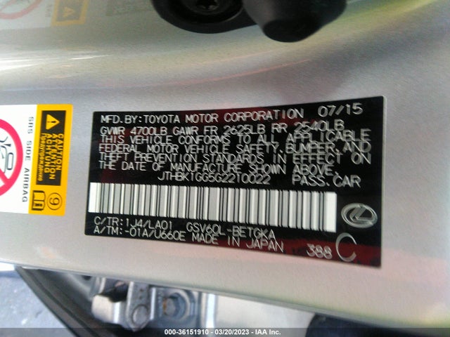 JTHBK1GG5G2210022 Lexus ES 350