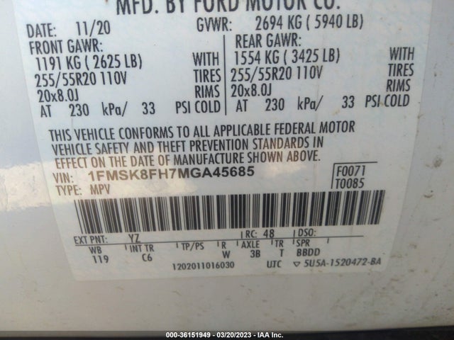 2021 FORD EXPLORER LIMITED VIN: 1FMSK8FH7MGA45685