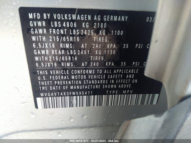 WVGAV7AX3FW595471 Volkswagen TIGUAN S