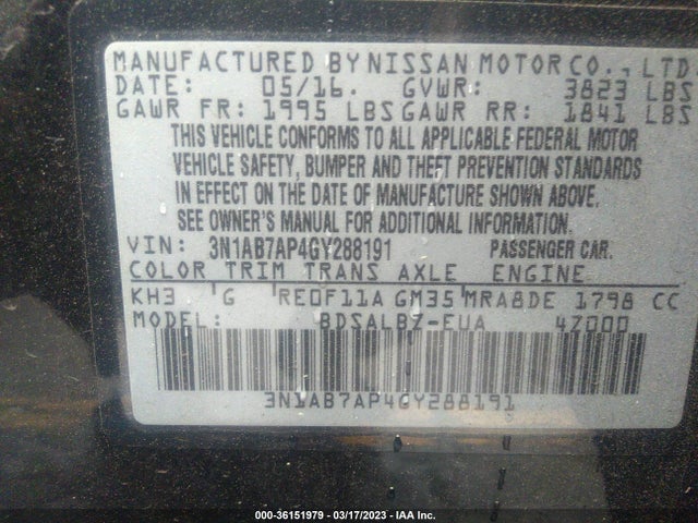2016 NISSAN SENTRA S VIN: 3N1AB7AP4GY288191