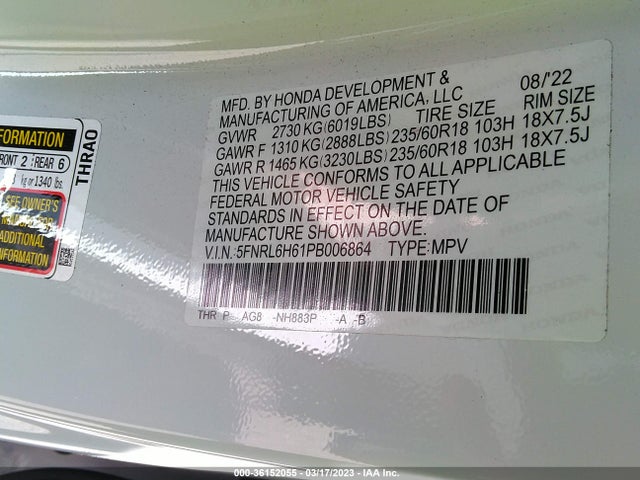 2023 HONDA ODYSSEY EX-L VIN: 5FNRL6H61PB006864