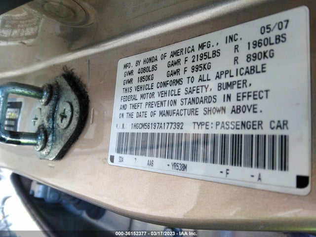 2007 HONDA ACCORD SDN VP VIN: 1HGCM56197A177392