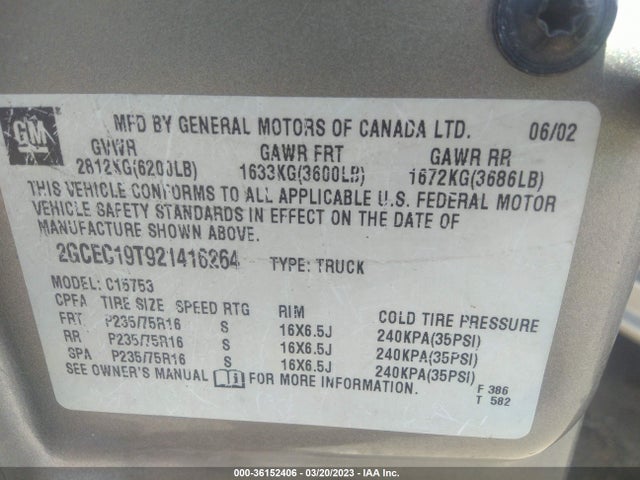 2002 CHEVROLET SILVERADO 1500 LS VIN: 2GCEC19T921416264
