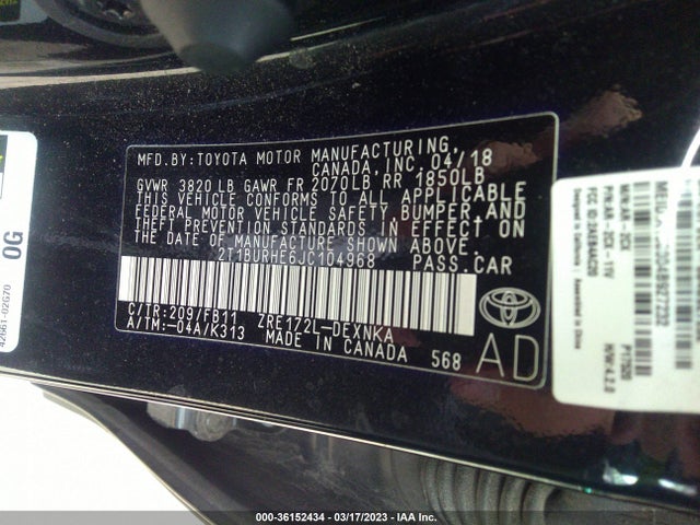 2018 TOYOTA COROLLA L/LE/XLE/SE/XSE VIN: 2T1BURHE6JC104968