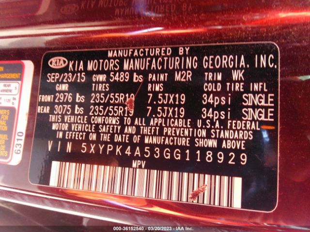 5XYPK4A53GG118929 KIA SORENTO SX