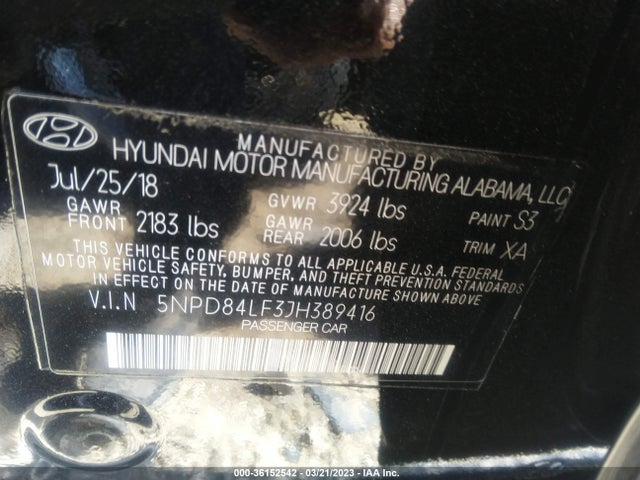 2018 HYUNDAI ELANTRA SEL VIN: 5NPD84LF3JH389416