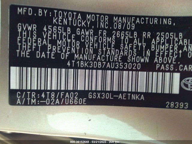 2010 TOYOTA AVALON XL/XLS/LIMITED VIN: 4T1BK3DB7AU353020