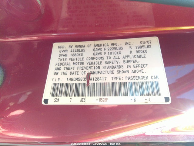 2007 HONDA ACCORD SDN LX SE VIN: 1HGCM56357A128417