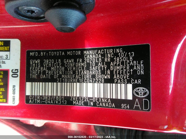 2014 TOYOTA COROLLA L/LE/S/S PLUS/LE PLUS VIN: 2T1BURHE1EC047228