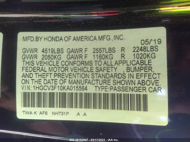 2019 Honda Accord, VIN: 1HGCV3F10KA015564
