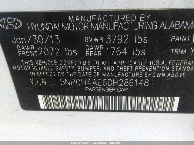 2013 HYUNDAI ELANTRA GLS VIN: 5NPDH4AE6DH286148
