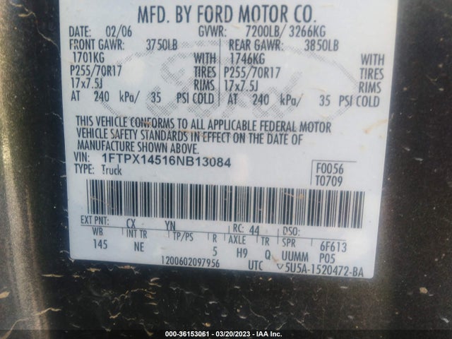 2006 FORD F-150 XLT/FX4/LARIAT/XL VIN: 1FTPX14516NB13084