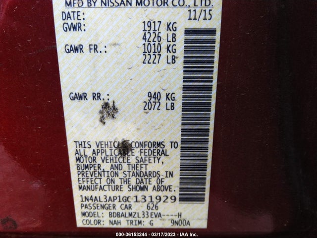 2016 NISSAN ALTIMA 2.5 SV VIN: 1N4AL3AP1GC131929