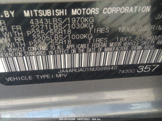 JA4ARUAU1NU008640 Mitsubishi Outlander Sport Es/le/se