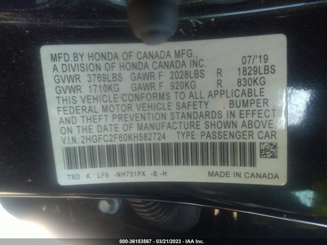 Honda Civic Sedan Lx 2019 2HGFC2F60KH582724 Image 9