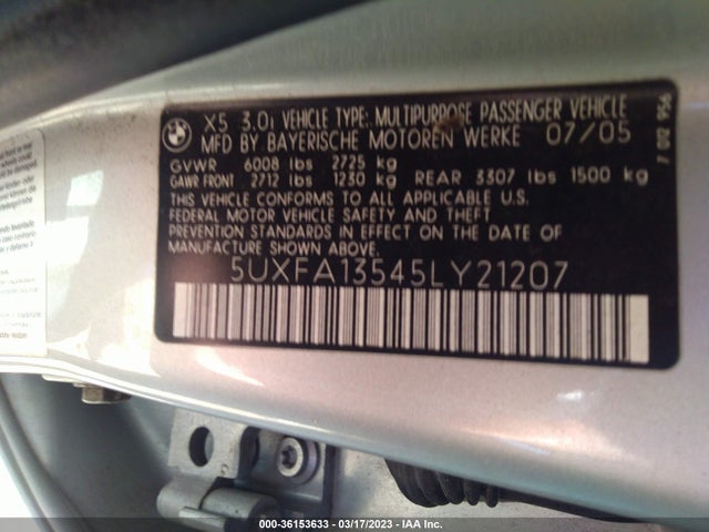 2005 BMW X5 3.0I VIN: 5UXFA13545LY21207