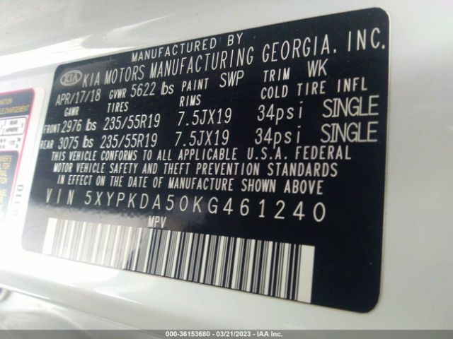 5XYPKDA50KG461240 KIA Sorento Sx V6