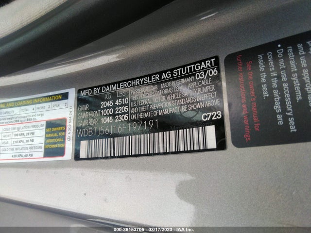 2006 MERCEDES-BENZ CLK-CLASS 3.5L VIN: WDBTJ56J16F197191