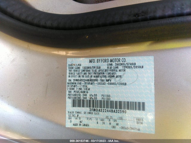 2004 FORD FREESTAR WAGON SEL VIN: 2FMDA52244BA32590
