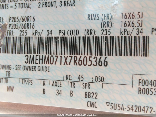 2007 MERCURY MILAN VIN: 3MEHM071X7R605366