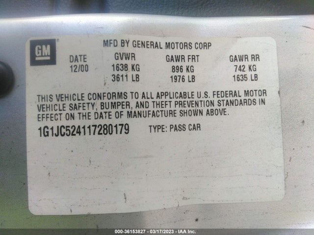 2001 CHEVROLET CAVALIER VIN: 1G1JC524117280179