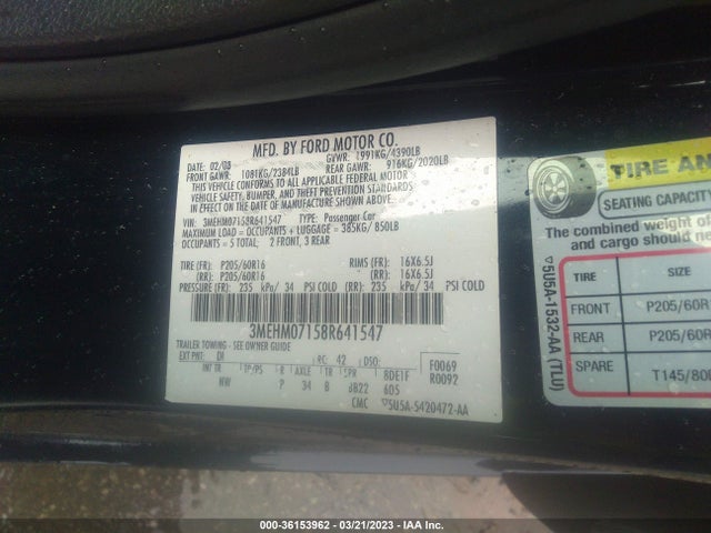 2008 MERCURY MILAN VIN: 3MEHM07158R641547