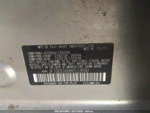 2008 SUBARU IMPREZA SEDAN I VIN: JF1GE61688G522650