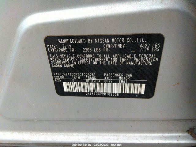 2012 NISSAN LEAF SL VIN: JN1AZ0CP2CT025281