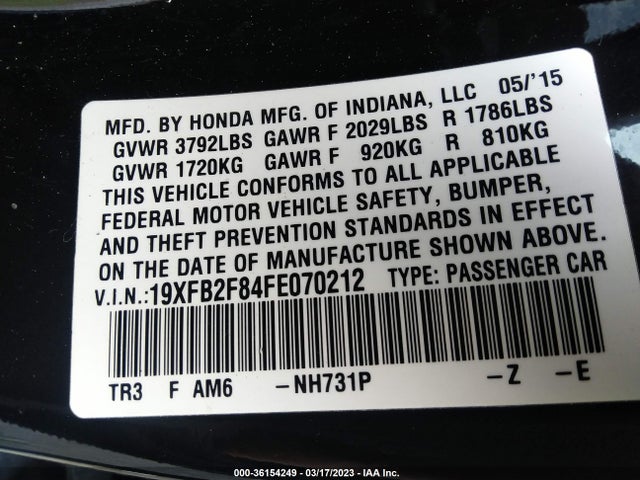 2015 HONDA CIVIC SEDAN EX VIN: 19XFB2F84FE070212