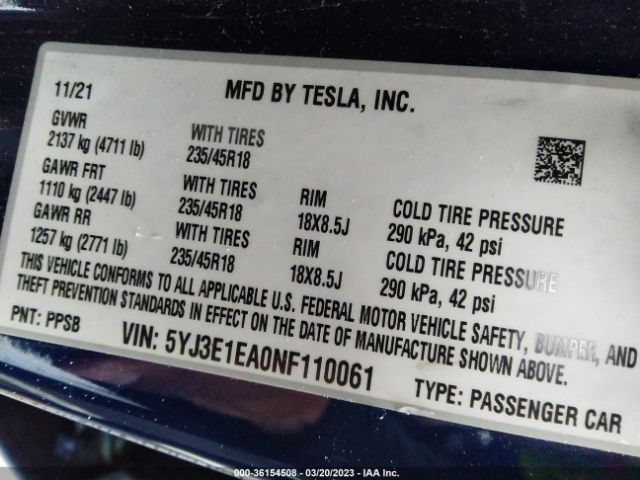 5YJ3E1EA0NF110061 Tesla MODEL 3