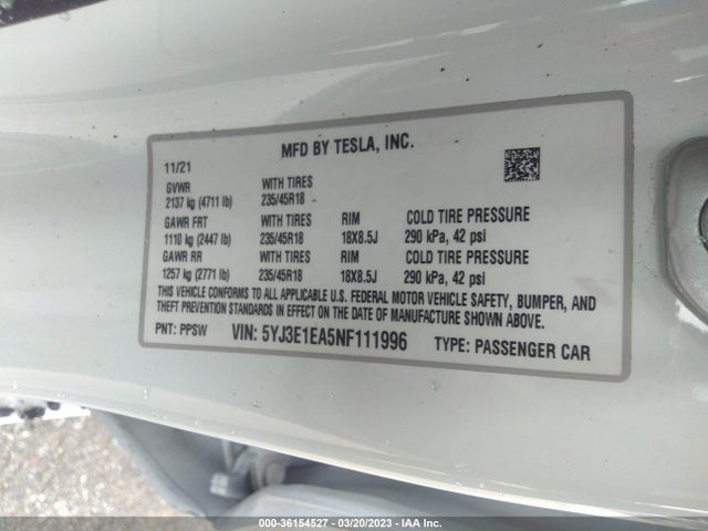 5YJ3E1EA5NF111996 Tesla MODEL 3