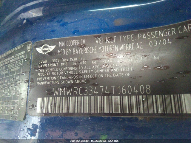 WMWRC33474TJ60408 Mini COOPER HARDTOP