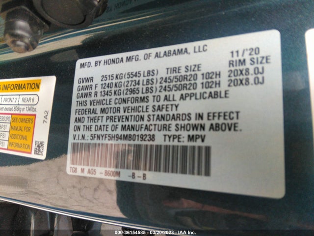 Honda Pilot Touring 8-passenger 2021 5FNYF5H94MB019238 Image 9