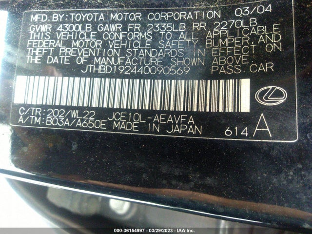 2004 LEXUS IS 300 VIN: JTHBD192440090569