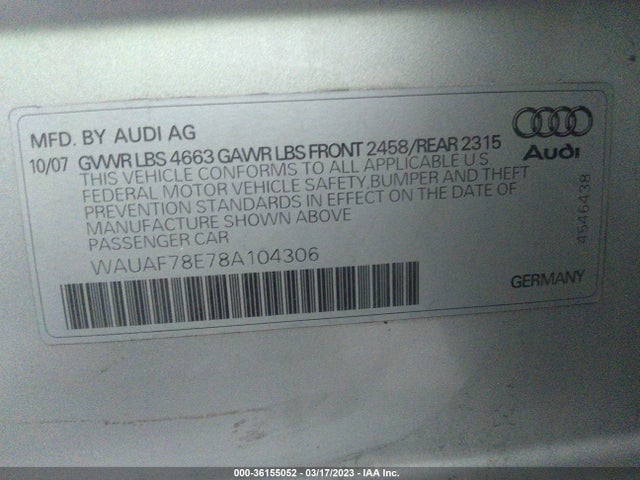 2008 AUDI A4 2.0T VIN: WAUAF78E78A104306