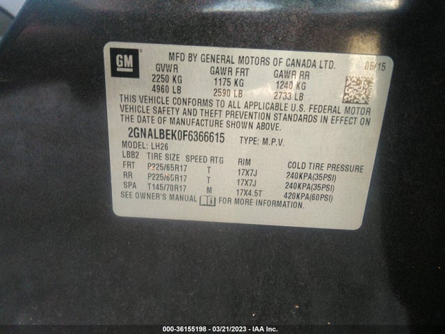 Chevrolet EQUINOX LT 2015 2GNALBEK0F6366615 Image 10