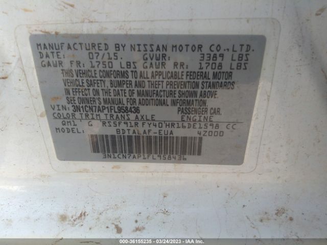 3N1CN7AP1FL958436 Nissan VERSA S
