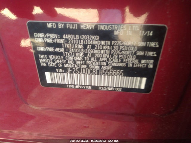 2015 SUBARU FORESTER 2.5I PREMIUM VIN: JF2SJADC8FH556665