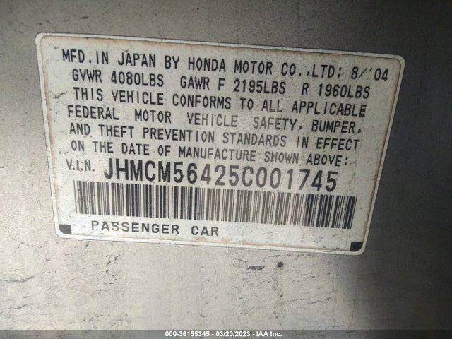 Aukcja sprzedaży 2005 Honda Accord Sdn Lx, vin: JHMCM56425C001745, numer aukcji: 36155345
