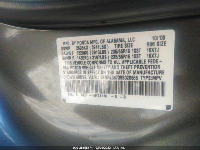 2009 HONDA ODYSSEY EX-L VIN: 5FNRL38739B020565
