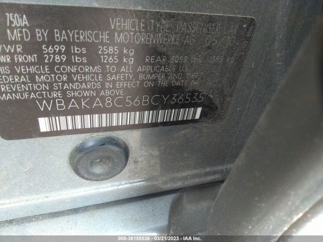2011 BMW 7 SERIES 750I VIN: WBAKA8C56BCY36535