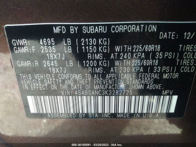4S4BSANC3K3282725 Subaru Outback Limited
