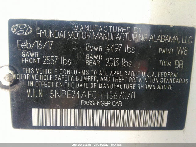 Hyundai SONATA SE 2017 5NPE24AF0HH562070 Image 9