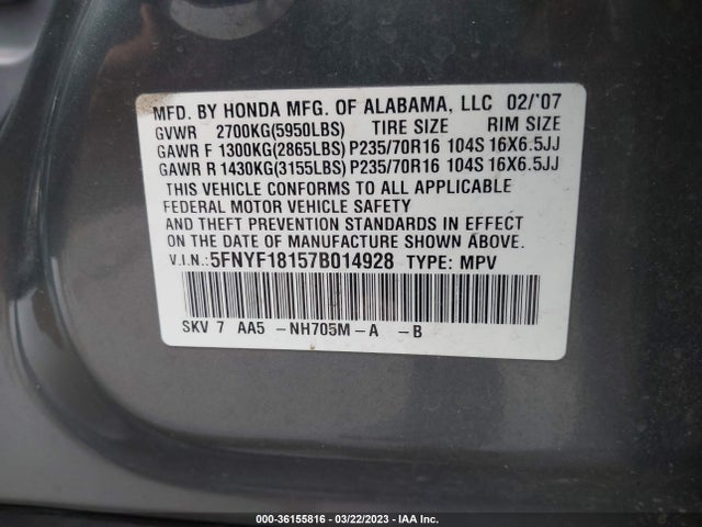 2007 HONDA PILOT LX VIN: 5FNYF18157B014928