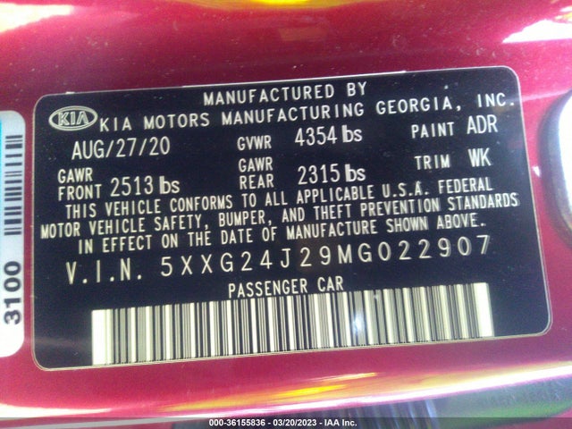 2021 Kia K5, VIN: 5XXG24J29MG022907