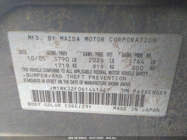 2006 MAZDA MAZDA3 I VIN: JM1BK32F061441667