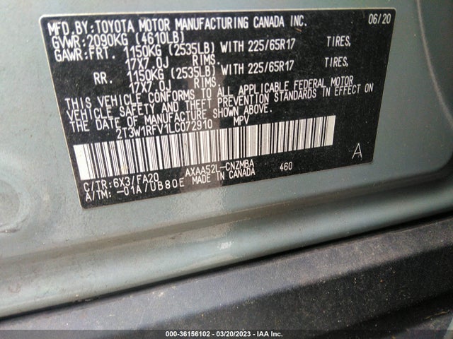 2020 Toyota RAV4, VIN: 2T3W1RFV1LC072910